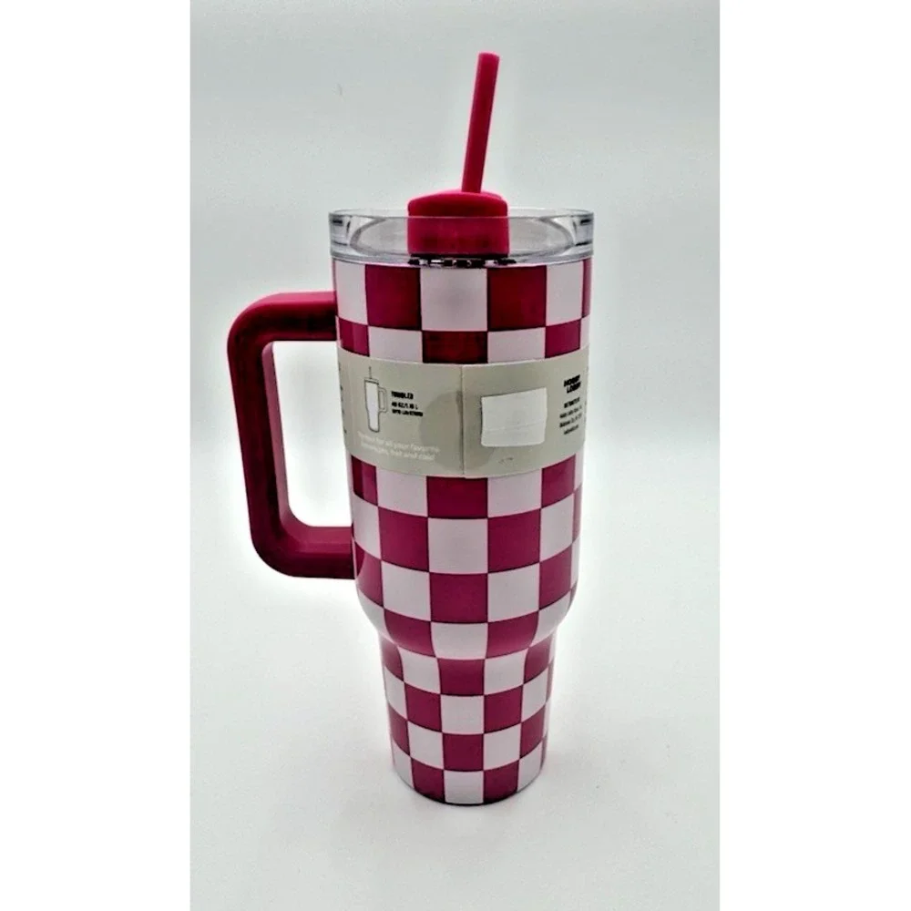 Stainless Steel 40oz Quencher H2.0 FlowState Tumbler Fuchsia Checker Pink NEW